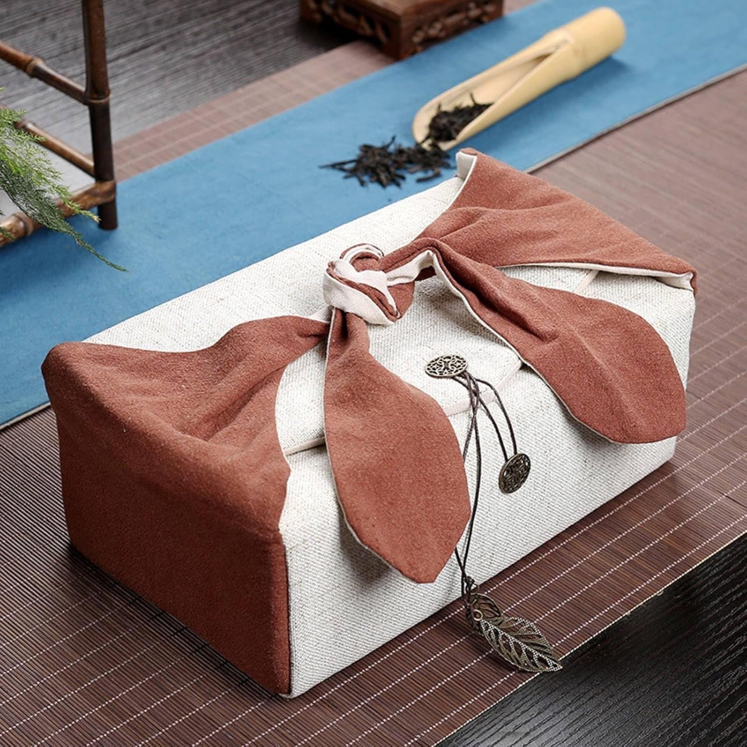 Cotton Linen Tea Set Storage Bag - Portable Travel Case with Lattice Divider for Teapot & Teacups, Handmade Retro Handbag for Outdoor Tea Ceremony(A)