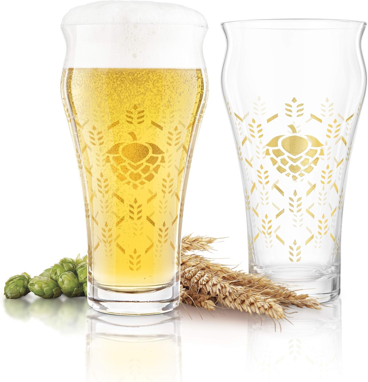 Final Touch Barley & Hops Brewhouse Beer Glasses, Set of 4 with Gold Foil Design (GG5030)