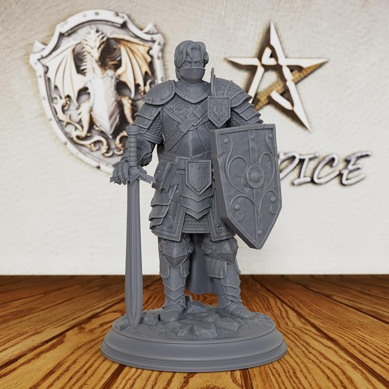 AUSPDICE Master Fighter 28mm, Unpainted Human Fantasy RPG Miniature AS227 | DND Miniature for Dungeon Masters: Armored Swordsman with Longsword and Ornate Shield for TTRPG Battles and Castle Defense