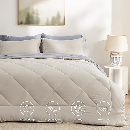 Miniatura 3 de Bedsure Juego de edredón, king, reversible, de 7 piezas, en una bolsa, con edredón, sábanas, fundas de almohada y fundas, beige