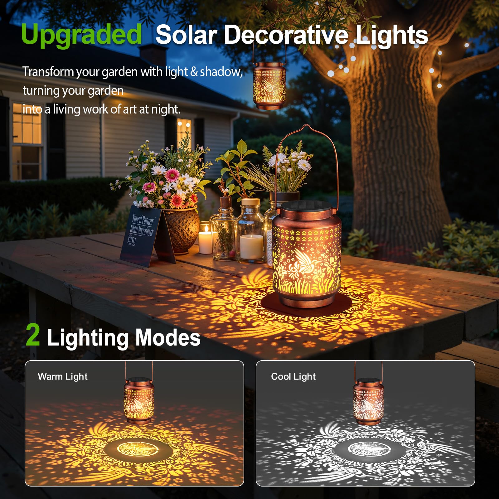 KOOPER Solar Lanterns Outdoor Waterproof Birthday Gifts for Women Mon Grandma, 2 Pack Brighter Hummingbird Hanging Solar Lantern Lights Outdoor, 2 Modes Metal Outdoor Decoration for Yard, Patio