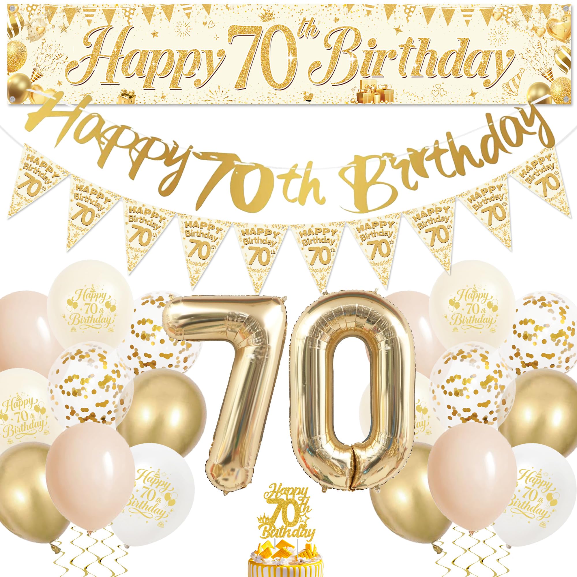 Happy 70th Birthday Decorations for Women - Gold Happy 70th Birthday Banner Sand White Latex Balloons, Cake Topper and Pennants for 70 Year Old Birthday Party