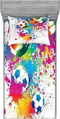 Miniatura 64 de Ambesonne Juego de sábanas bajeras y fundas de almohada de los años 90, patrón geométrico en estilo retro, formas redondas de triángulo de media