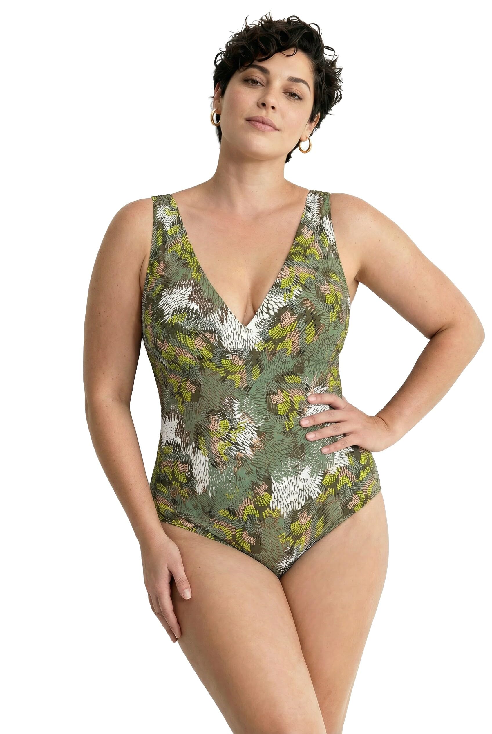Ulla Popken Damen große Größen Übergrößen Plus Size Badeanzug, Dschungel, Softcups, Zierspange, recycelt 846630