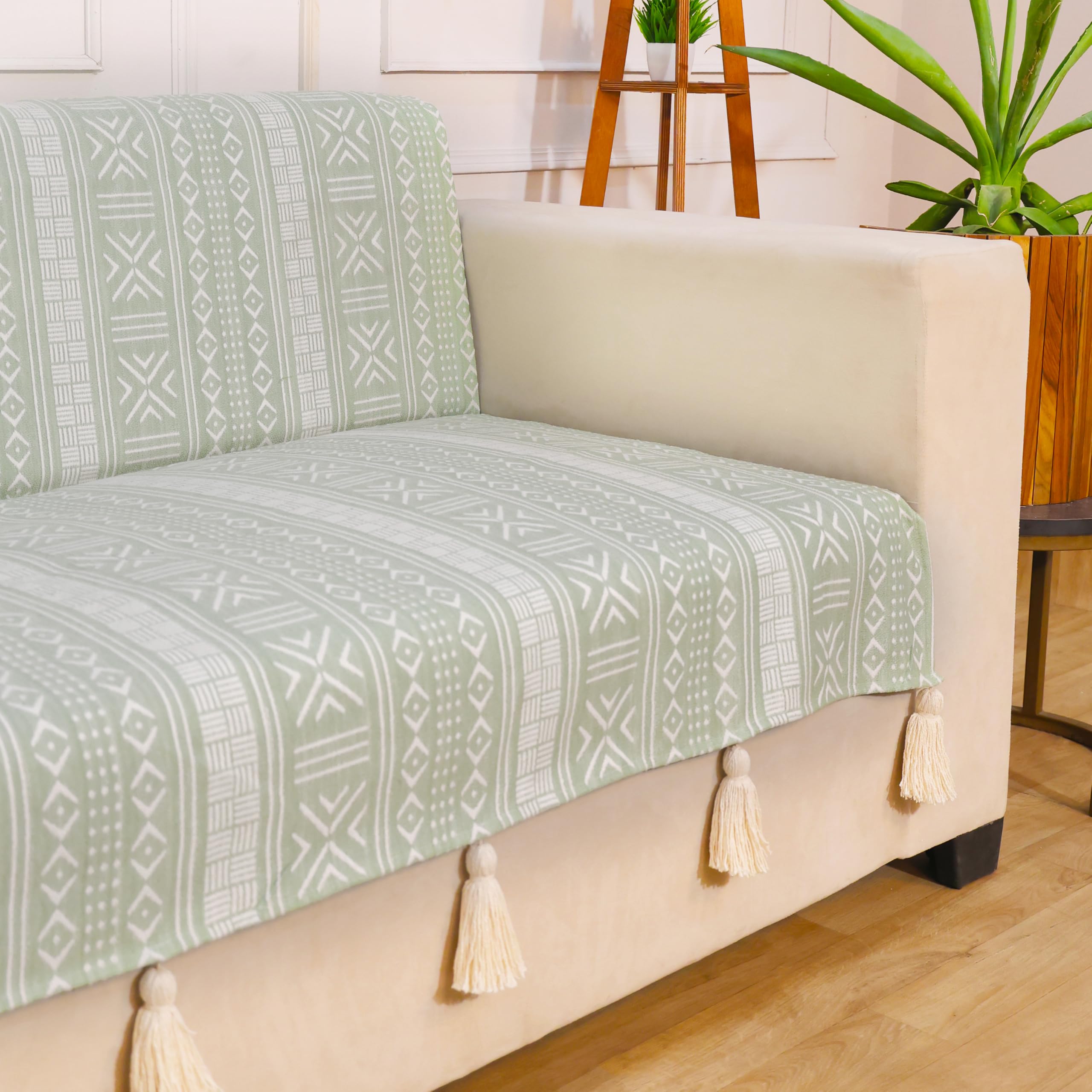 STITCHNEST 'Verdant Bohemian Stories' 1 Seater Sofa Cover – Full Coverage| Elegant Jacquard Fabric, Decorative Tassels, Washable & Durable for Modern Living