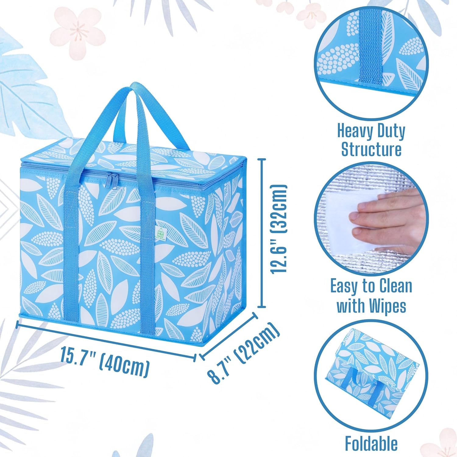 VENO 5 Pack Heavy-Duty Reusable Grocery Bags (2 Pack Insulated Grocery Bag w/Hard Bottom+ 3 Pack Sturdy Grocey Bags)