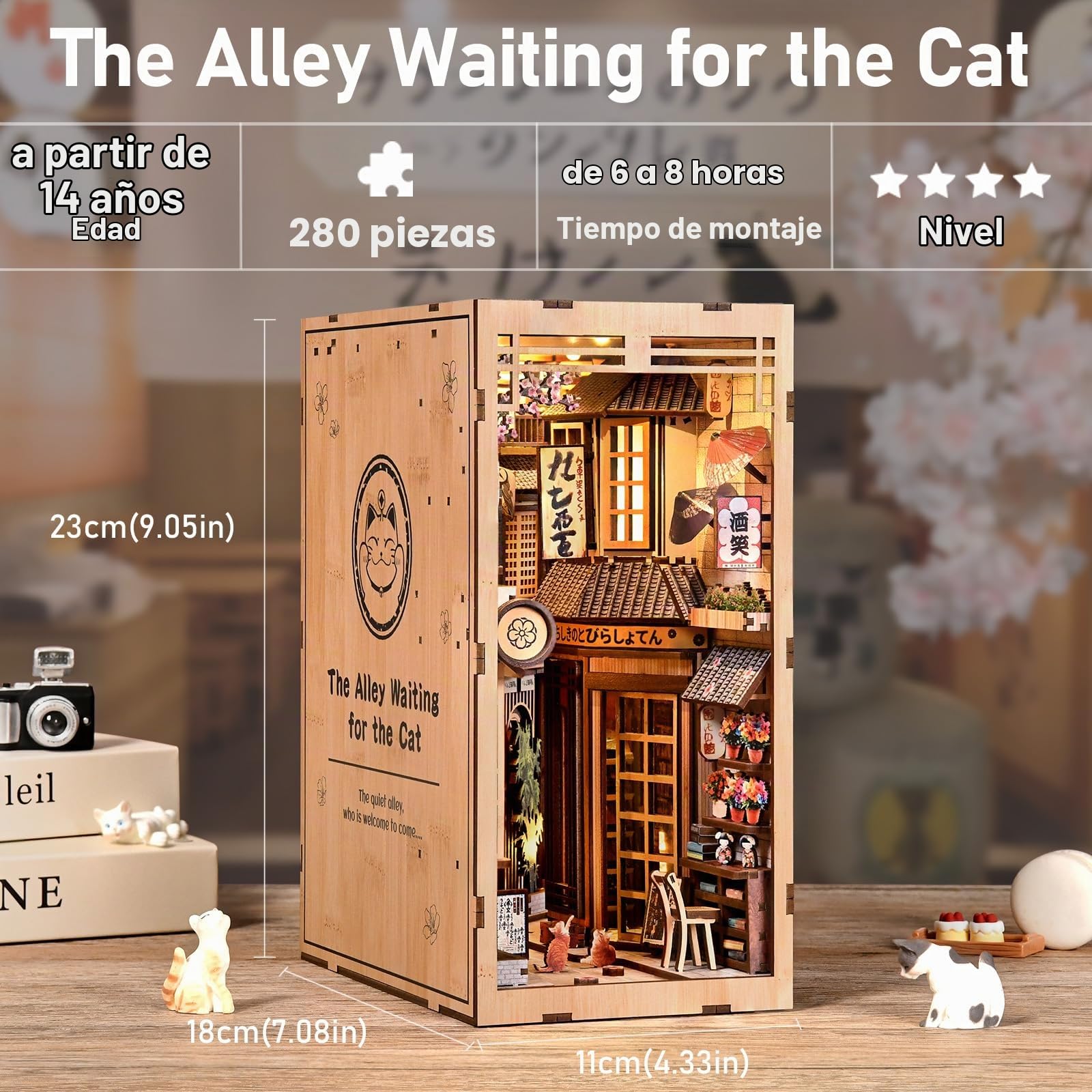 Book Nook Kit para niños y Adultos, Modelo de Estilo japonés The Alley Waiting for The Cat,Miniatura Puzzle 3D de Madera con Luz LED,Creativa Decoración Hogareña y Regalo Original