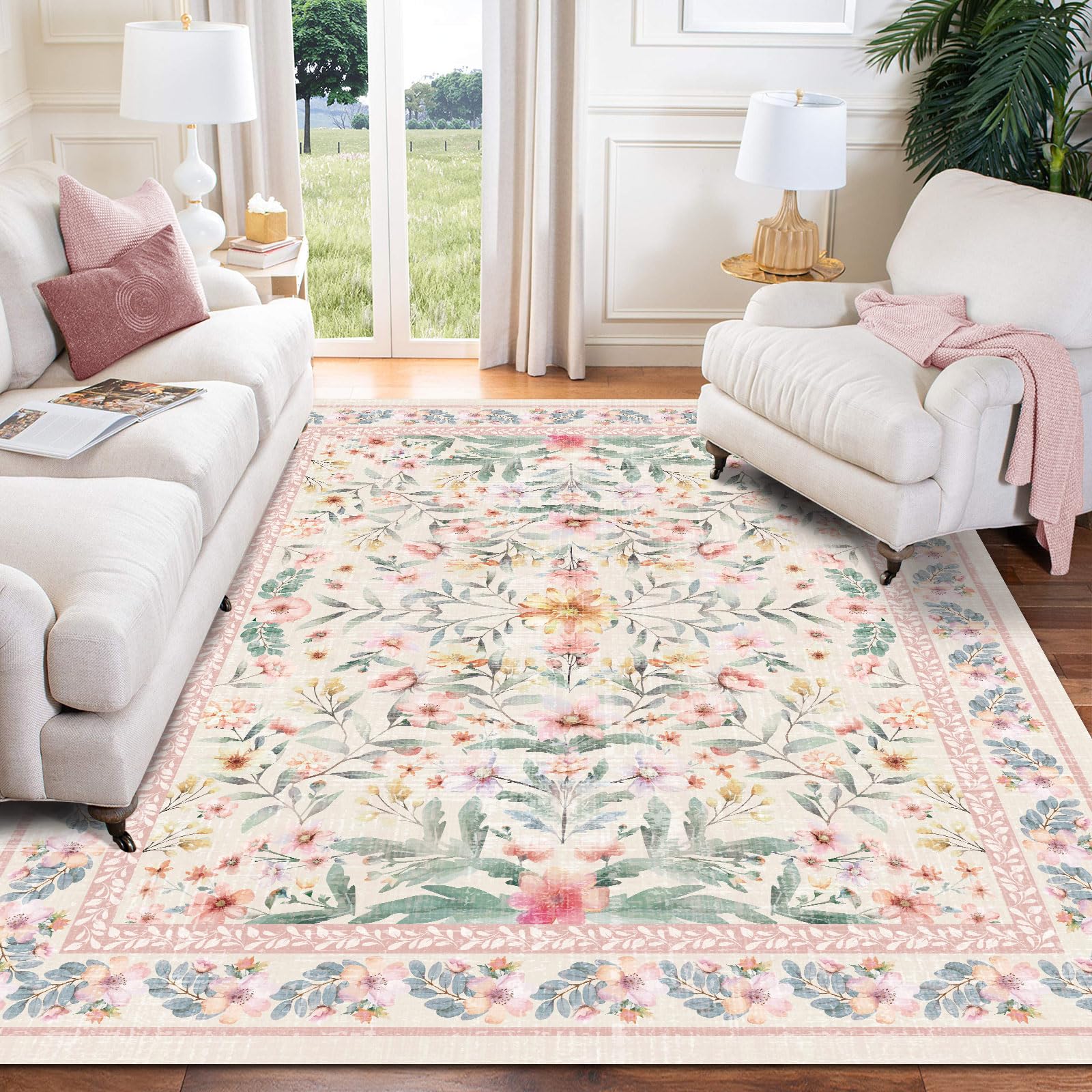 Washable Boho Area Rug 3'×5' Pink Green Beige Large Living Room Rug Floral Non-Slip Color Soft Oriental Vintage Bedroom Carpet Dining Room Nursery