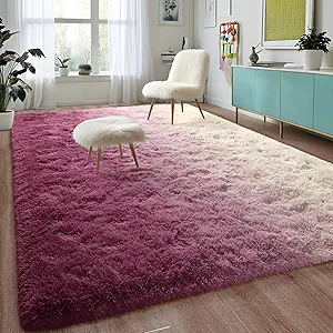 DweIke Extra Large Fluffy Area Rug, 6x9 Ft White Dark Pink Rug Modern Indoor Living Room Bedroom Home Gradient Colorful Rugs, Shaggy Plush Faux Fur Carpets for Girls Kids Playroom Nursery Decor