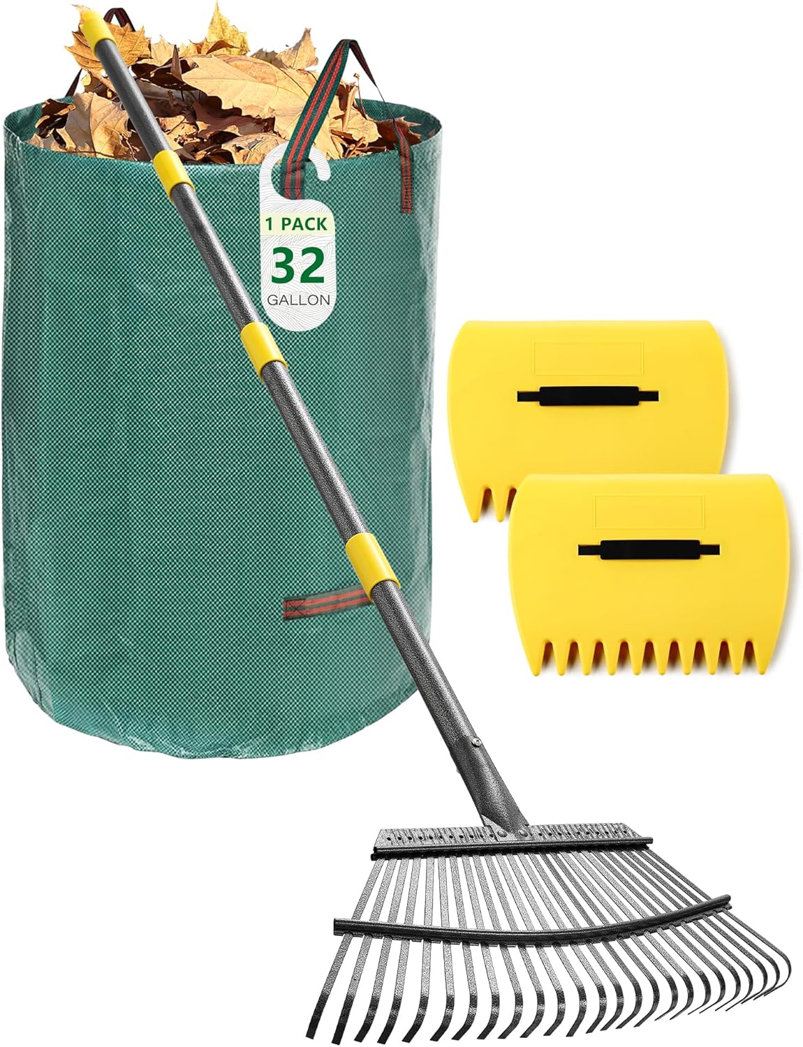 Garden Rake Set for Leaves Lawns, 3-in-1 Gardening Tools Kit with 25 Tines Wide Metal Rake, Leaf Scoops Hand Claws, 32 Gallon Reusable Yard Waste Bag, Heavy Duty 79" Rakes for Pick Up, Clear n Collect