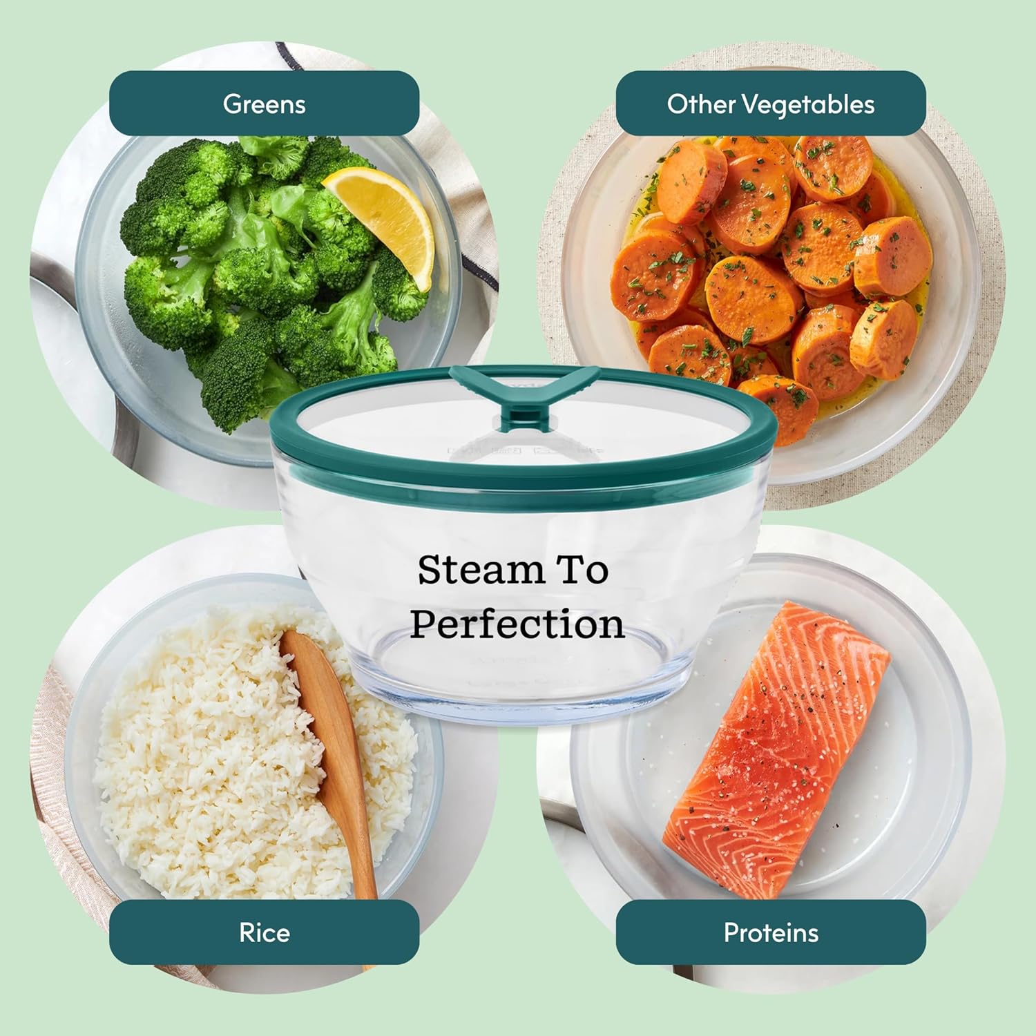 Anyday 7-Cup Glass Microwave Steamer for Vegetables – BPA-Free Glass Vegetable Steamer Bowl with Vented Lid, Healthy Microwave Cooking Container for Broccoli, Veggies, Meal Prep (Clear Kale)