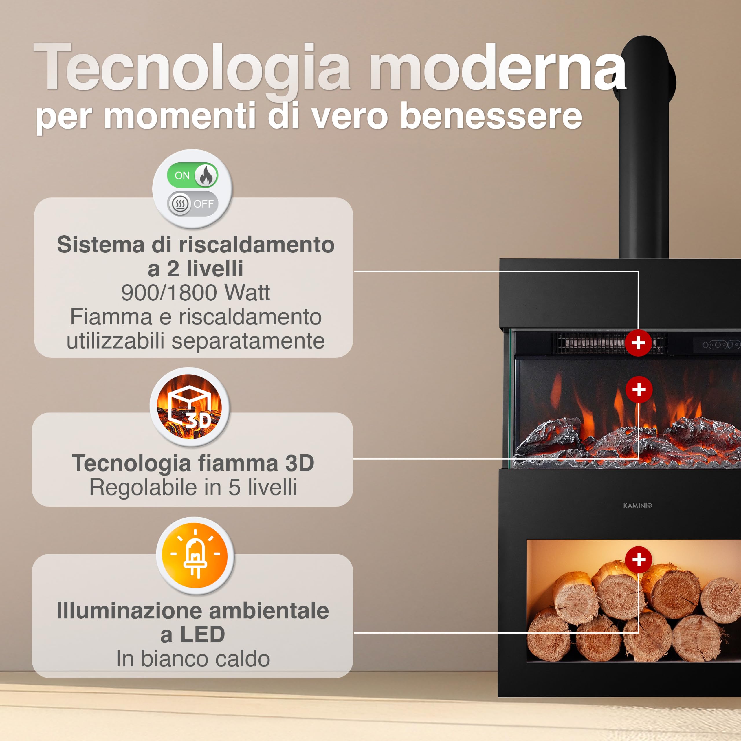 KAMINIO® Henri Camino elettrico da appoggio con tubo per stufa [Nero] | Caminetto elettrico a forma di stufa, termocamino con effetto fuoco LED, vano illuminato, timer, termostato e telecomando