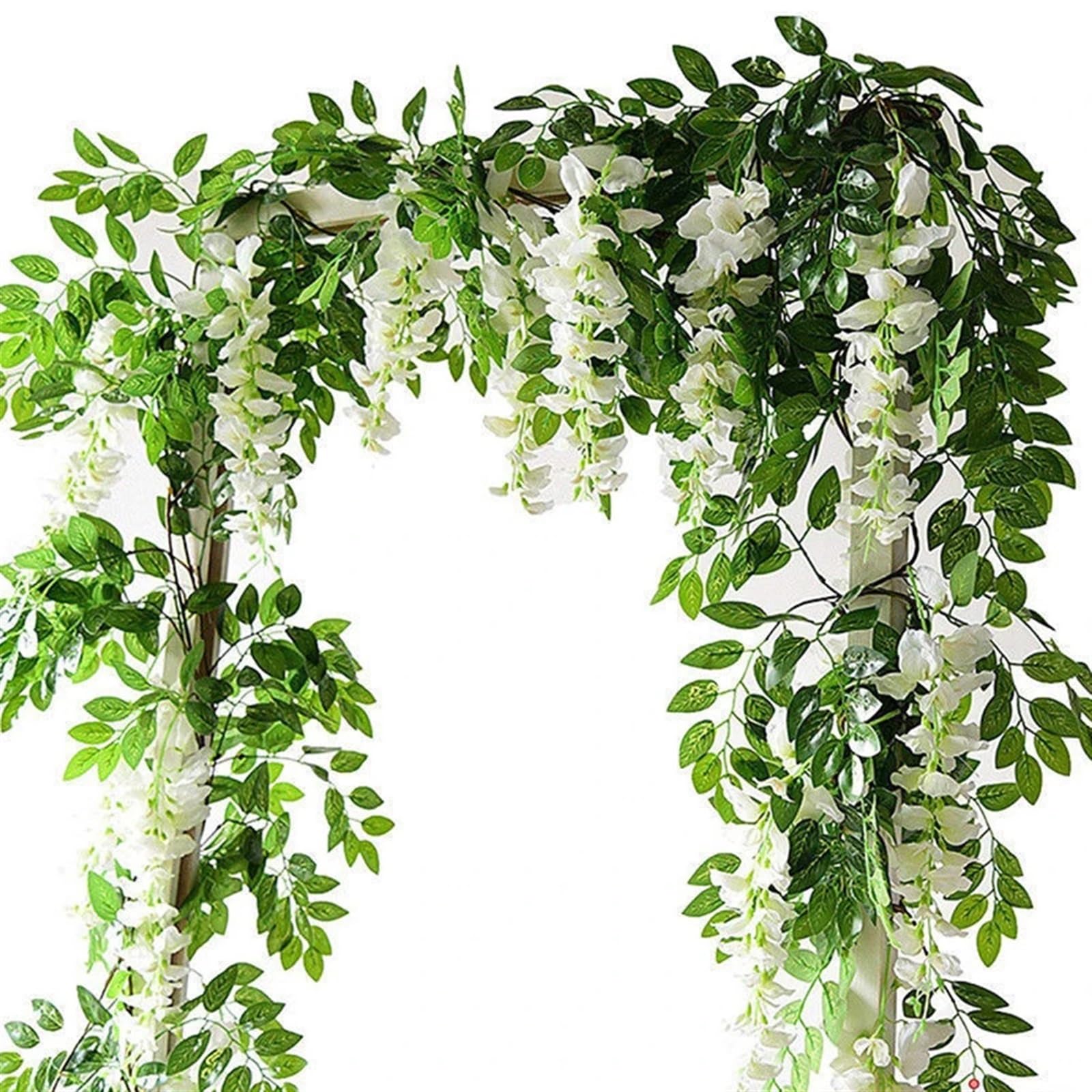 NDSJAIE Artificial Flower Vine 2pcs 7ft Artificial Silkflower Wisteria Blossom Vine Flower Wreath Garland Wedding Home Decoration Arch Floral Decor For decoration(WHITE)