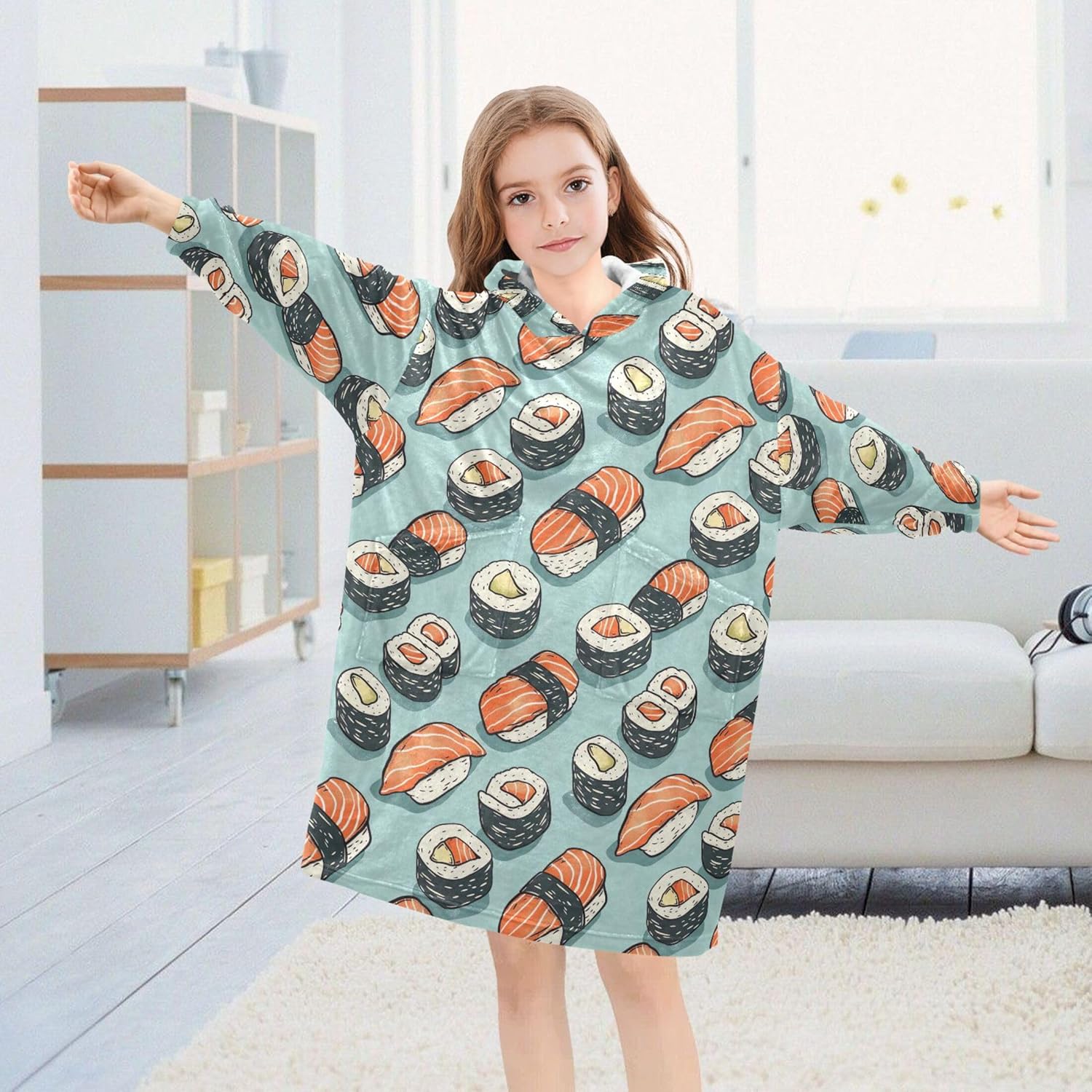 Sushi Food Kids Wearable Blanket Hoodie with Pocket and Sleeves for Toddlers, Cute Hoodies Girls Boys B0403693