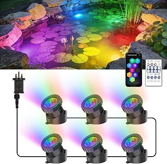 NATPOW Pond Lights, Waterproof Aquarium Light Mains Powered, Underwater Spot Lights RGB Colour Changing, IP68, Low Voltage Submersible Project Light Lamp for Fish Garden Pool, Fountain6-in-1 [Energy Class A+]