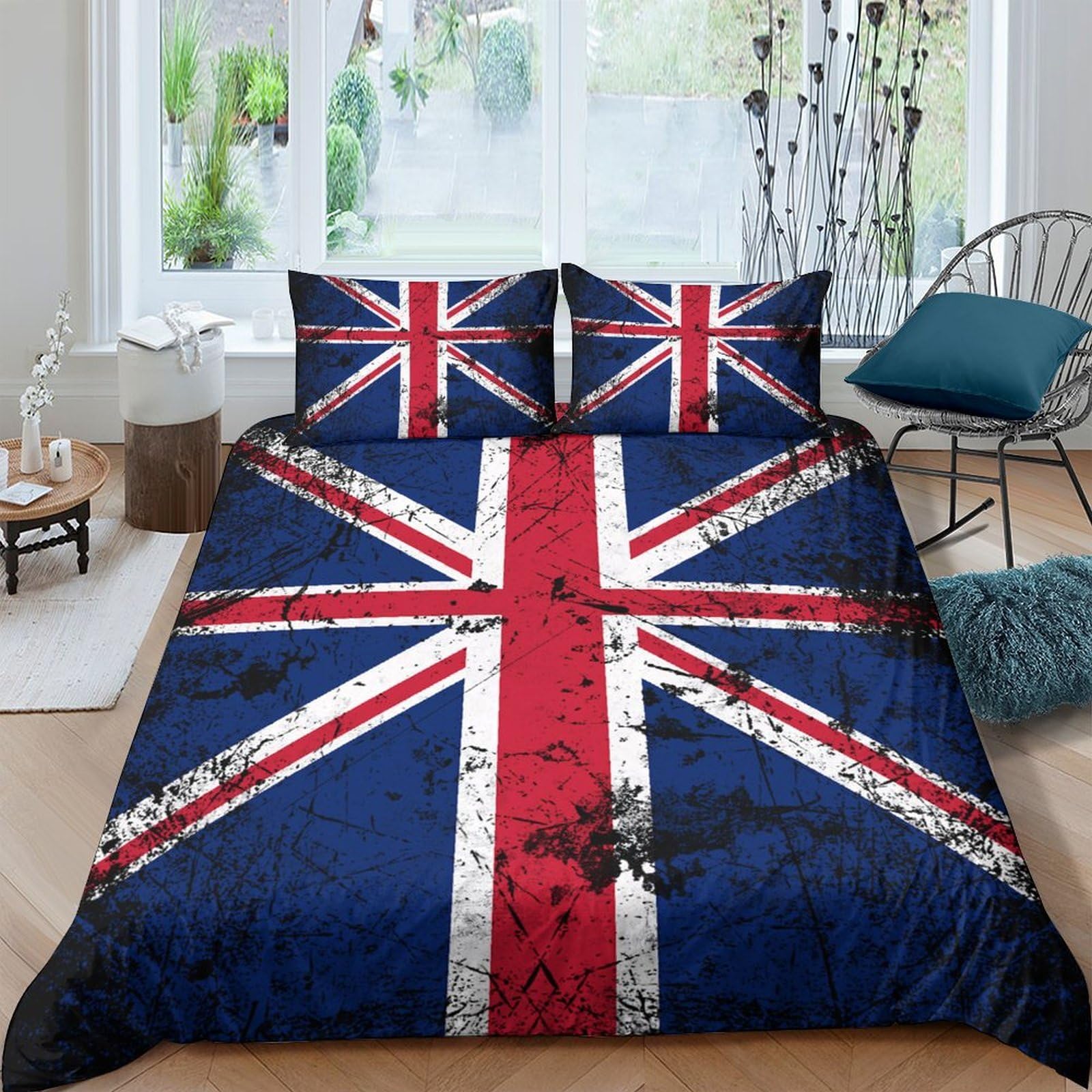 TUFRTGYHN 3D Printed Union Jack Duvet Cover Microfiber Soft Breathable UK Flag Bedding Set with 2 Pillowcases for Bedroom Decor Single（135x200cm）