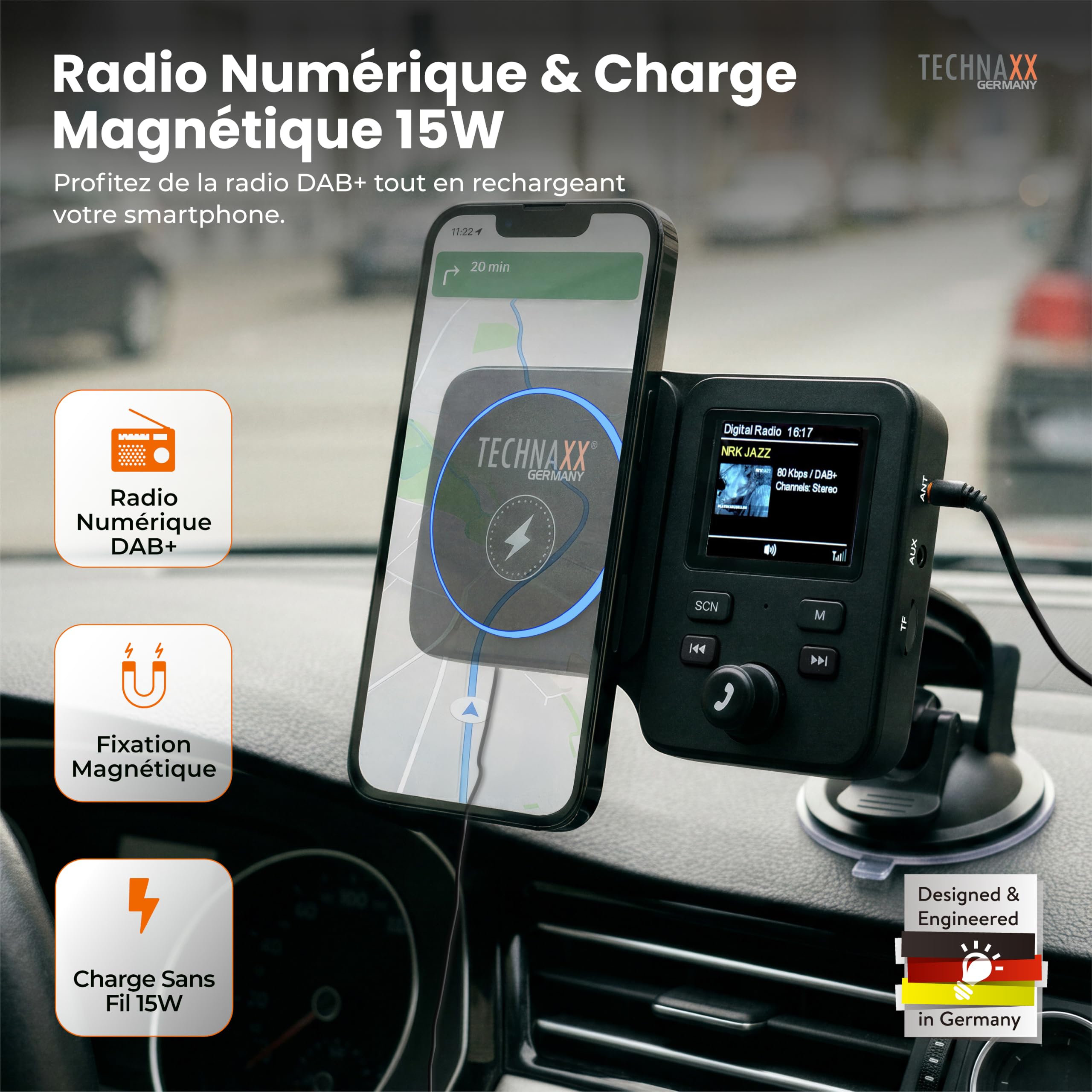 Technaxx Émetteur Dab+ FM, 15W, USB-C, Bluetooth 5.3 FMT1800