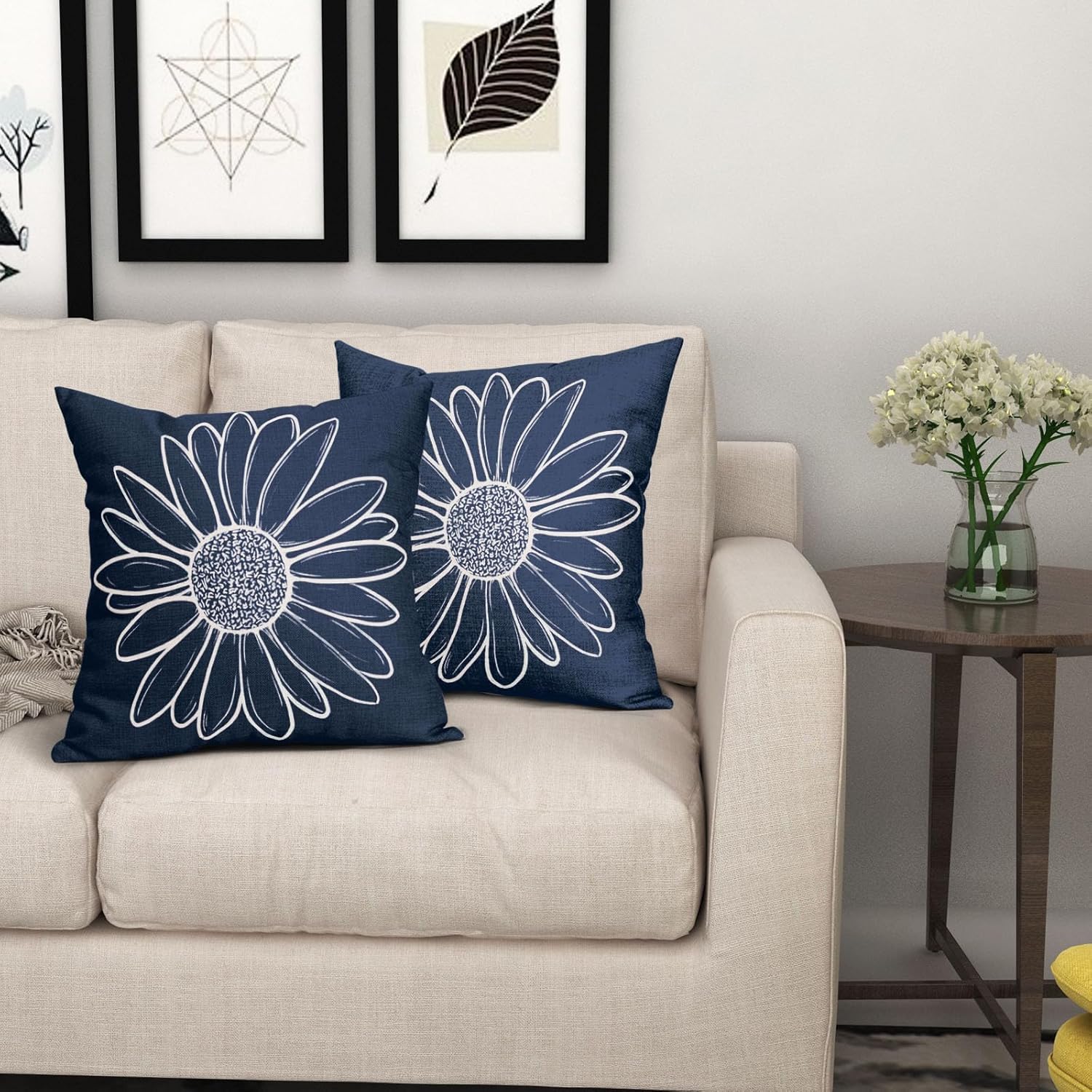 aportt Spring Summer Daisy Flowers Pillow Covers 18X18 Inch Navy Blue Floral Bloom Decorative Pillow Cases Seasonal Modern Cotton Linen Throw Pillows Set of 2 Farmhouse Home Decor for Sofa Couch - Image 7