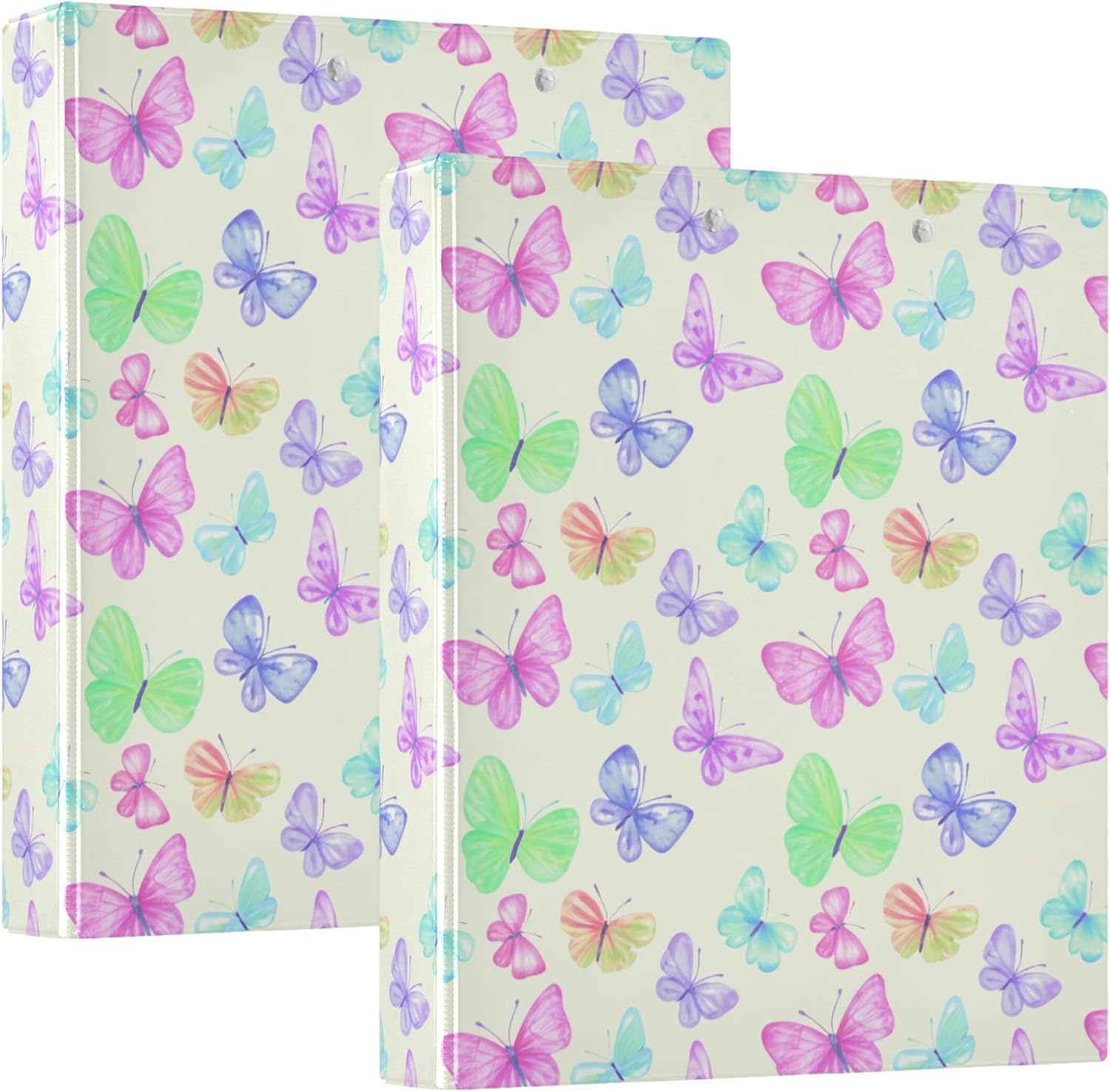 Colorful Butterfly 3 Ring Binders, 1.5” Round Ring Binders with Clipboard - Letter Size, 3 Interior PVC Clear Pockets & Anti-Slip Clip for Office School Supplies, 2PCS
