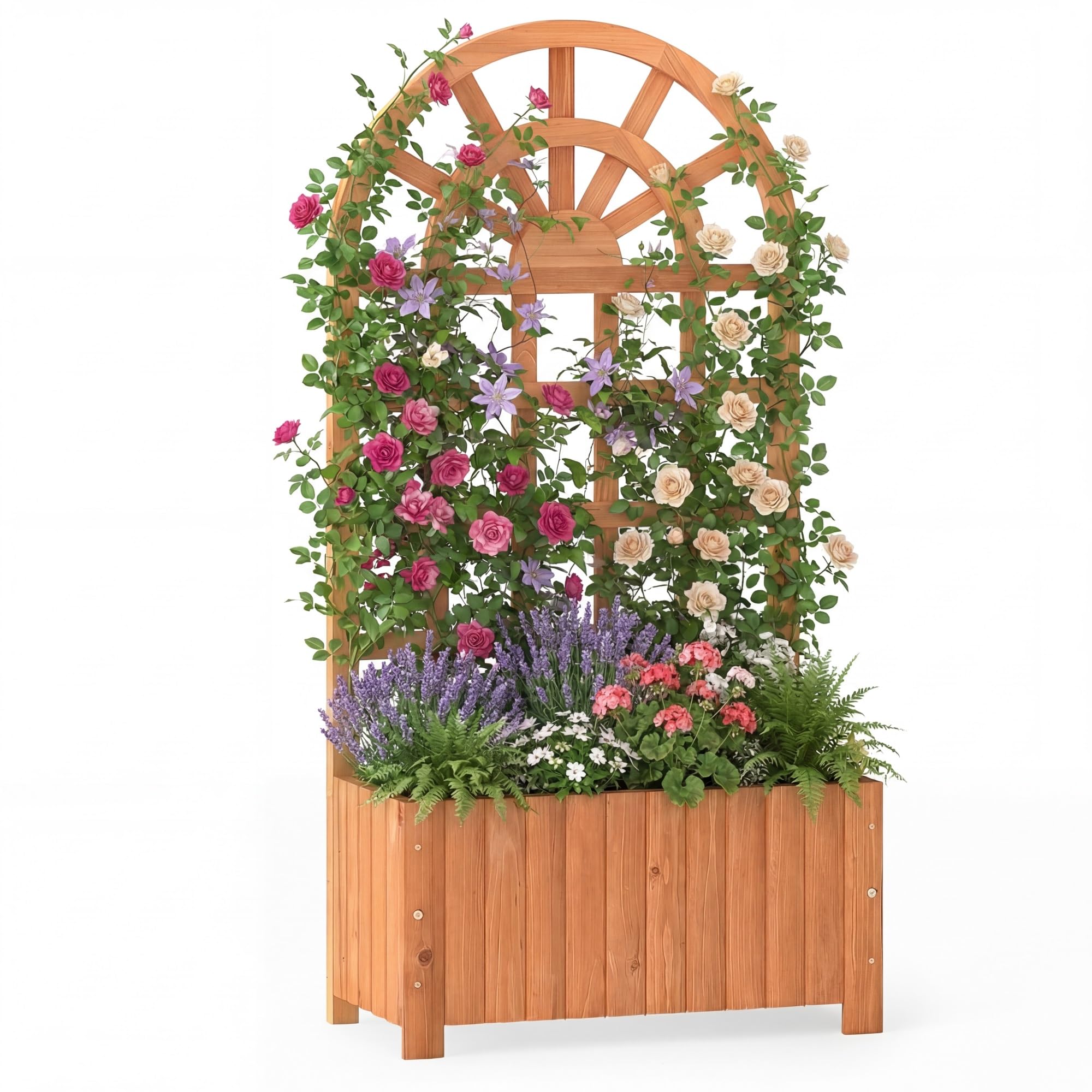 HOMASIS Jardinière avec Treillis en Bois, Carré Potager Jardinière Brise-Vue avec Trou Drainage, Lit Surélevé de Jardin, pour Plante Grimpante Vigne, Intérieur et Extérieur (Marron, 61 x 30 x 121 cm)