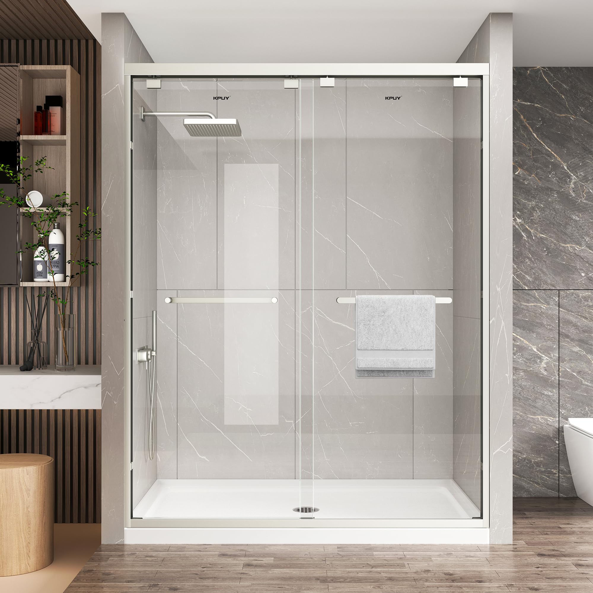 Photo 1 of KPUY Glass Shower Door, 55-60" W x 76" H Semi-Frameless Double Sliding Shower Door, 1/4" (6mm) Thick Tempered Clear Glass with Explosion-Proof Film Nano Coating, Brushed Nickel