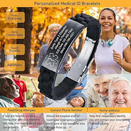 Miniatura 2 de VNOX - Pulseras de identificación y alerta médica para hombres, mujeres y niños, con grabado, malla ajustable de acero inoxidable, para emergencias