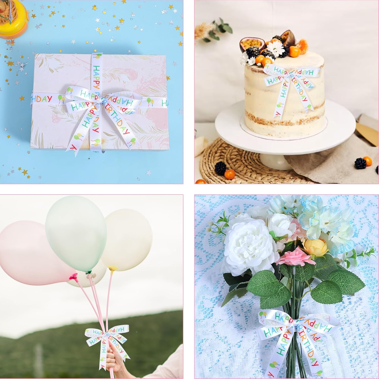 Happy Birthday Ribbon Roll, 75 Ft Gift Wrapping Ribbon Crafts Party Decoration, Colorful Happy Birthday Themed Ribbons for Cake Bouquet Gift Wrapping Bow Making Birthdays Decoration DIY(15 mm x 75 ft) - Image 4