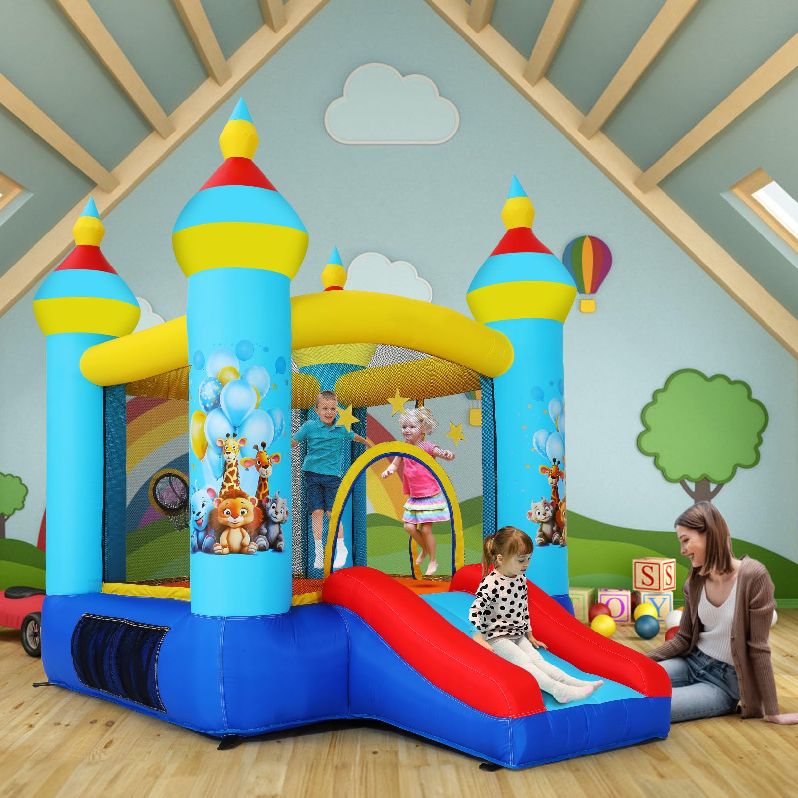 Château Gonflable pour Enfants avec Toboggan, Souffleur, Parc Zoologique Bleu, Château Gonflable pour Enfants avec Souffleur Et Tir De Balles, Maison Gonflable Intérieure/Extérieure (Bleu)