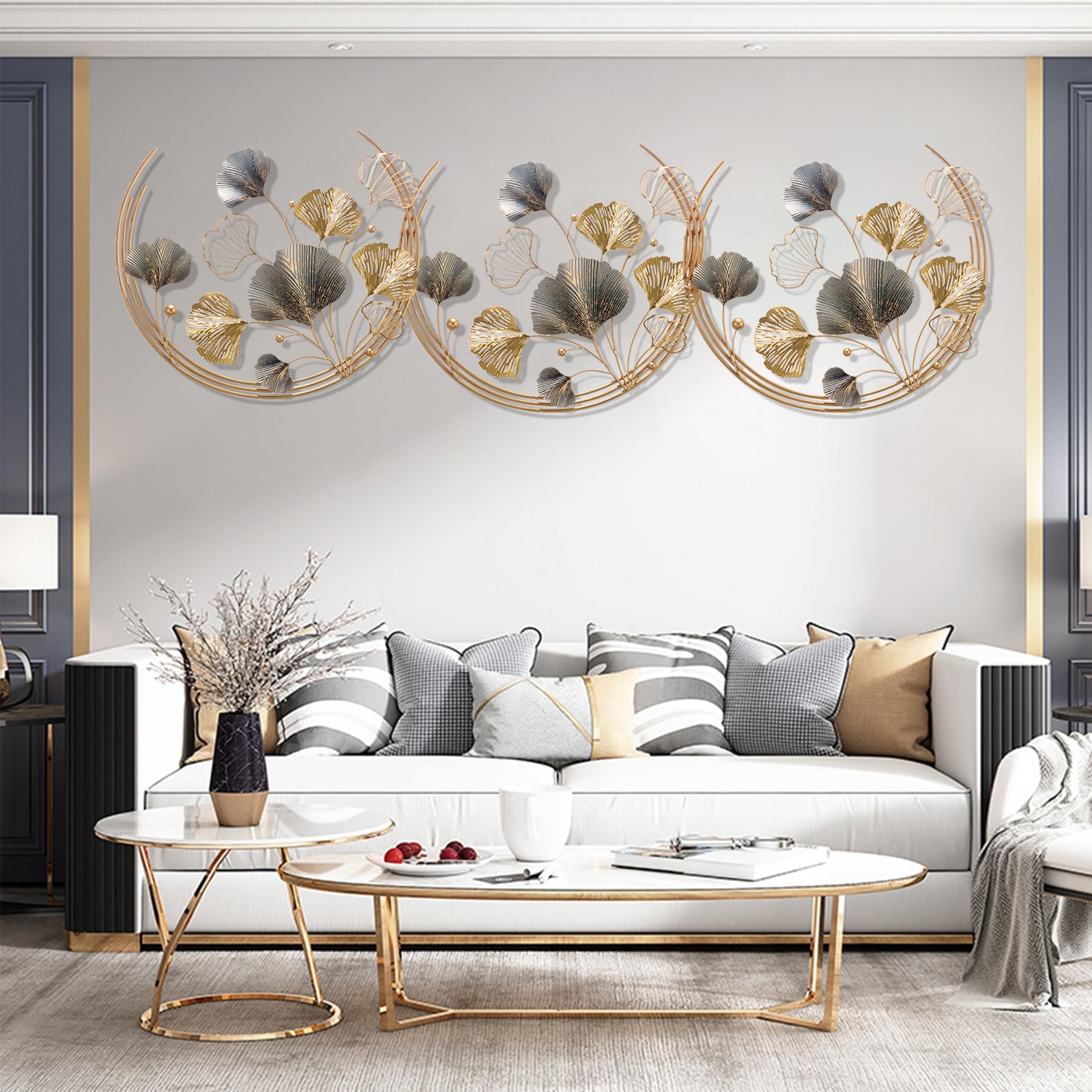 GERHWASH Miroir mural décoratif - Grande feuille de ginkgo - 150 x 68 cm - En métal créatif - Pour salon, chambre à coucher - Support mural décoratif