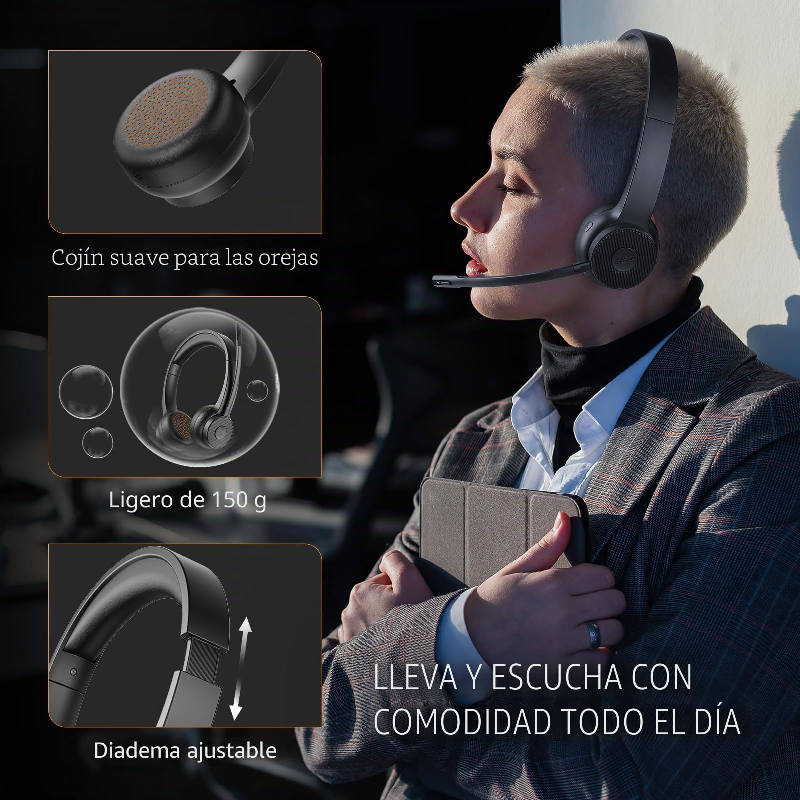 EKSA H16 Auriculares BT Auriculares Inalambricos con AI Micrófono Cancelación de Ruido y Dongle USB, 55 Tiempo de Reproducción, Silencio de Micrófono PC Cascos Comerciales para Oficina/Hogar