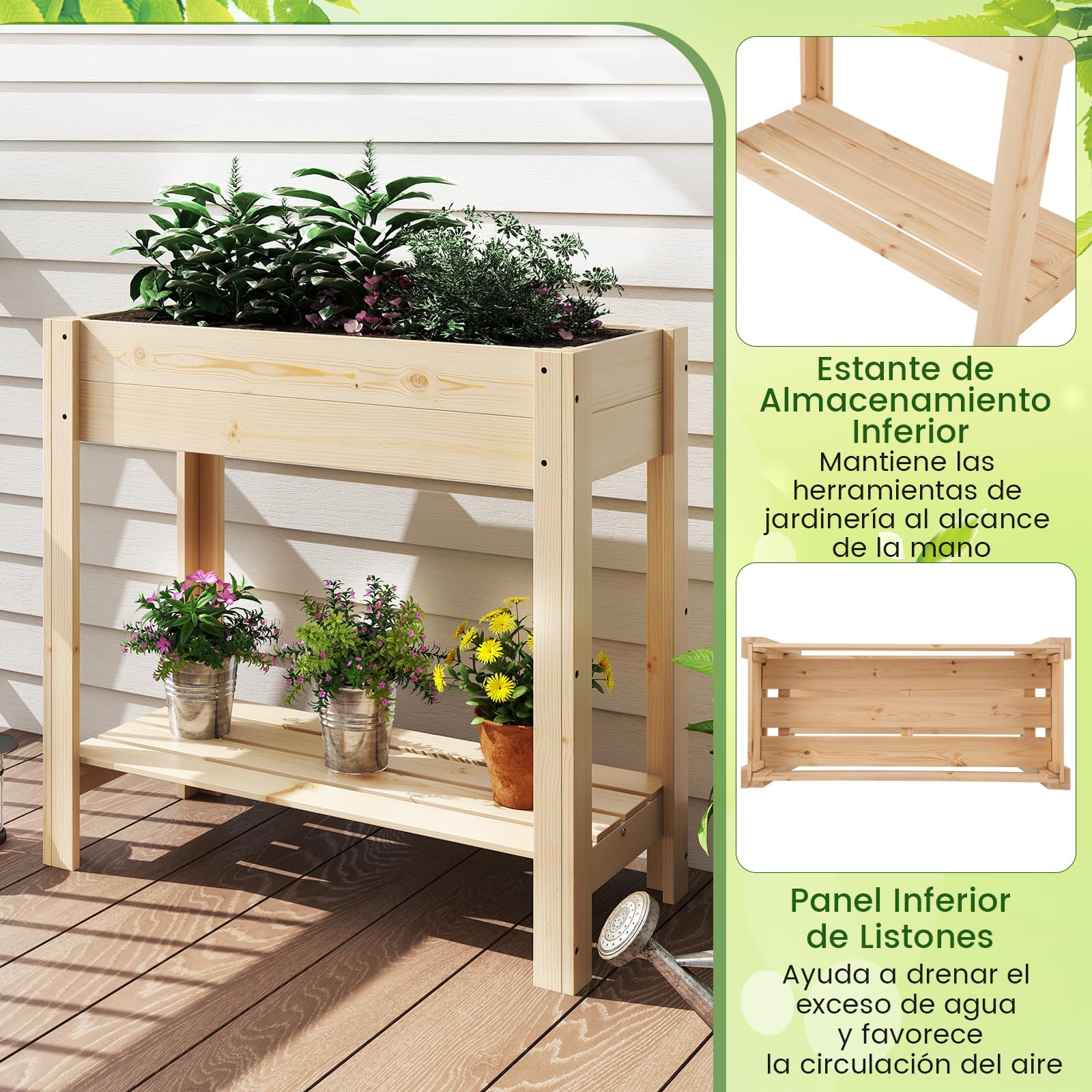 COSTWAY Huerto Urbano de Madera con Patas, Mesa de Cultivo, Jardinera Elevada con Estante, Drenaje, Caja de Plantación 81 x 37 x 77 cm, Jardineras Altas Exterior, para Terraza Exterior, Natural