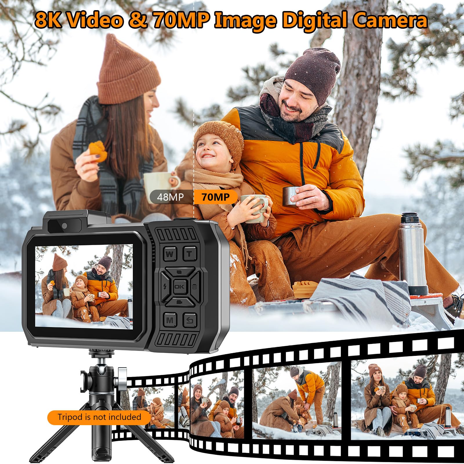 Cámara subacuática UHD 8K, 70 MP 33 pies, WiFi, impermeable, con tarjeta de 32 GB, enfoque automático, batería de 2500 mAh, digital flotante de 18 aumentos para esnórquel, naranja