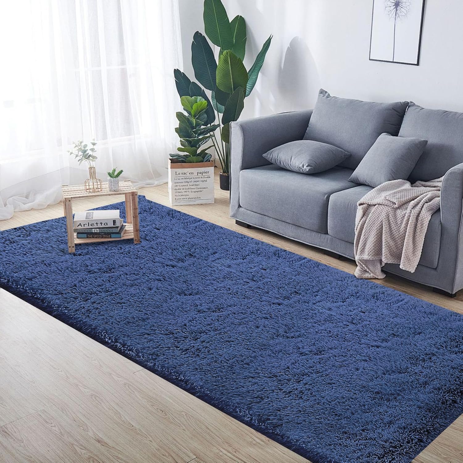 2x6 Runner Rug for Bedroom: Fluffy Shag Soft Washable Rugs Small Fuzzy Plush Indoor Carpet for Hallway Bedside Dorm Kids Girls Boys Room (Navy Blue, 2'x6')