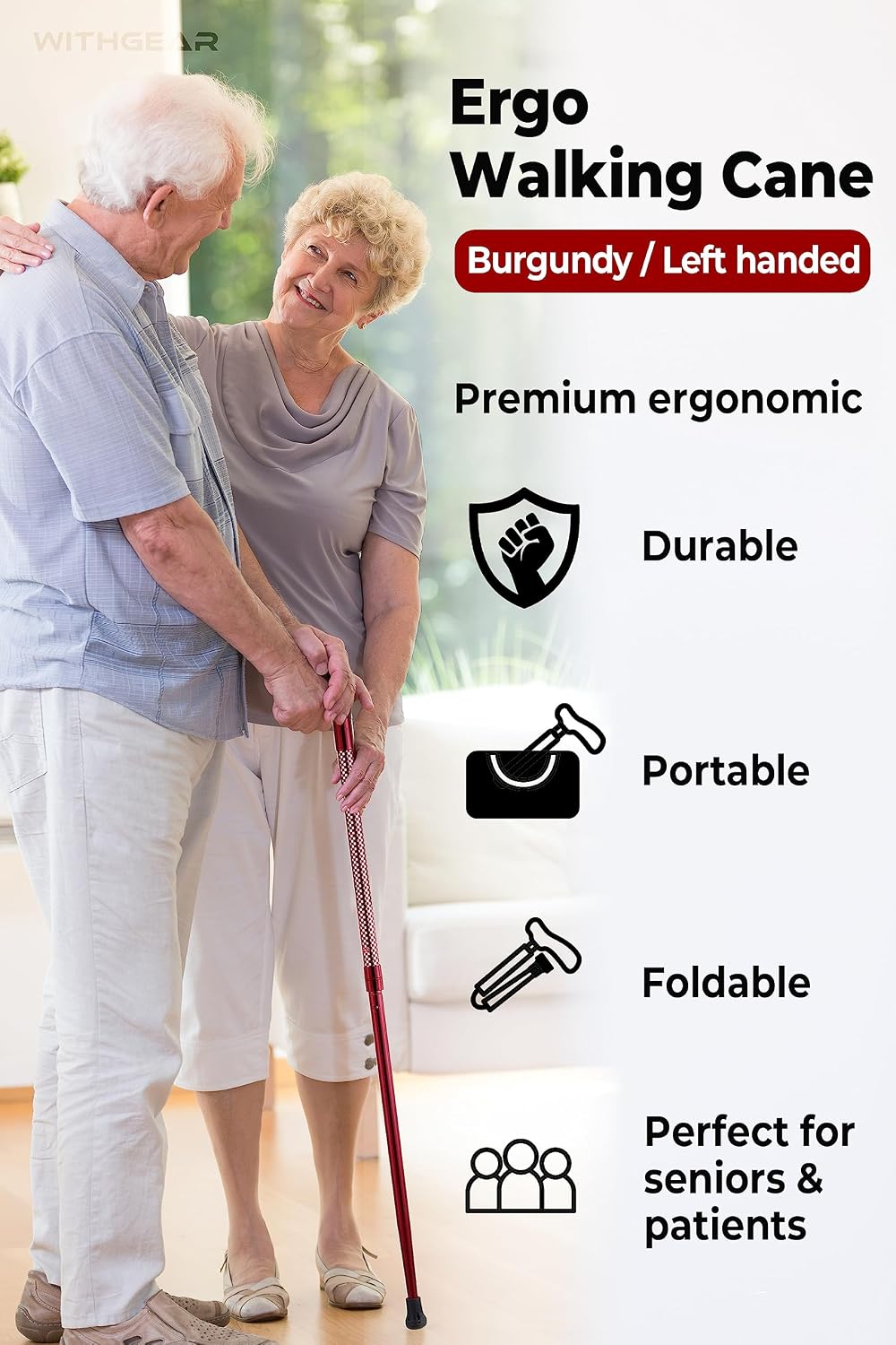 Folding Walking Cane, Adjustable, Left-Hand Grip, Burgundy