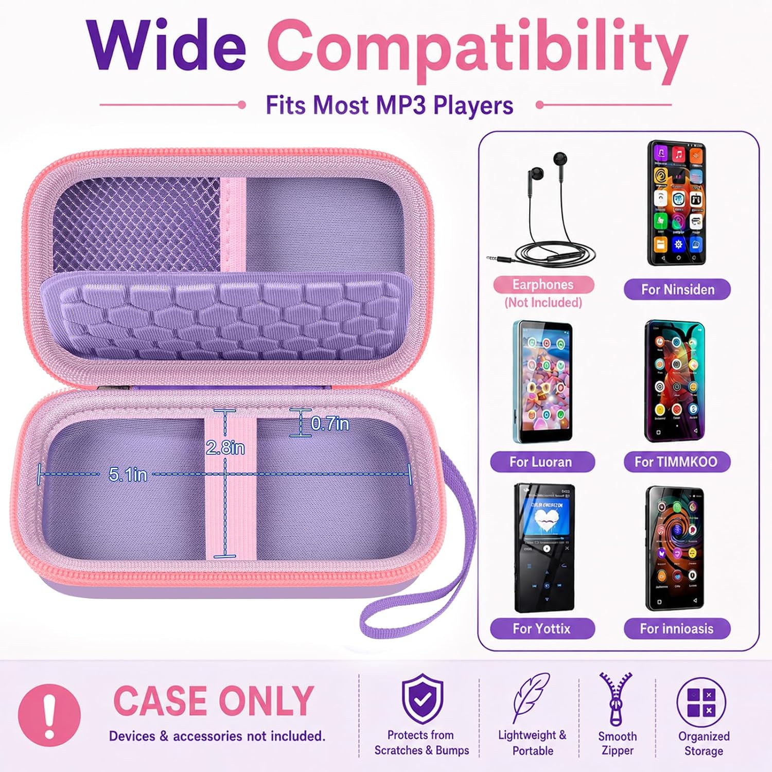 MP3 MP4 Player Case for 4 Inch Touch Screen Music Player | Hard Shell Box, for Innioasis G1/G3/G5/Y1, for Grtdhx for iPod Nano,Padded Divider&Mesh Pocket,Wrist Strap, Purple, Case Only