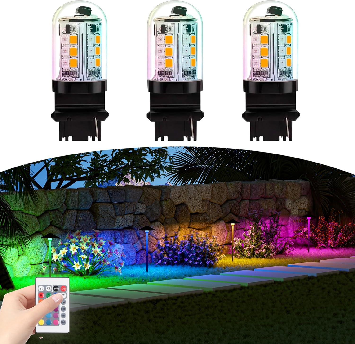 RGB S8 3156 Wedge Base LED Light Bulbs Color Changing, Warm White+15 Multi-Colors and Dimmable on Remote Control, Weatherproof for Outdoor Low Voltage Landscape Lighting Pathway Lights
