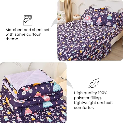 Miniatura 4 de Mooreeke Juego de edredón de tamaño individual para niñas y niños, 6 piezas de cama en una bolsa, juego de sábanas de edredón de princesa castillo