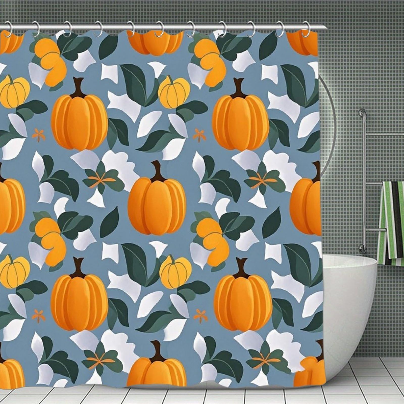 FekiLoot Orange Pumpkin Pattern Shower Curtain with Hooks Modern Farmhouse Bathroom Curtain Waterproof Cloth Bath Curtains Cute Washable Blackout Privacy Curtains for Bathroom Bathtub 70.8"x70.8"
