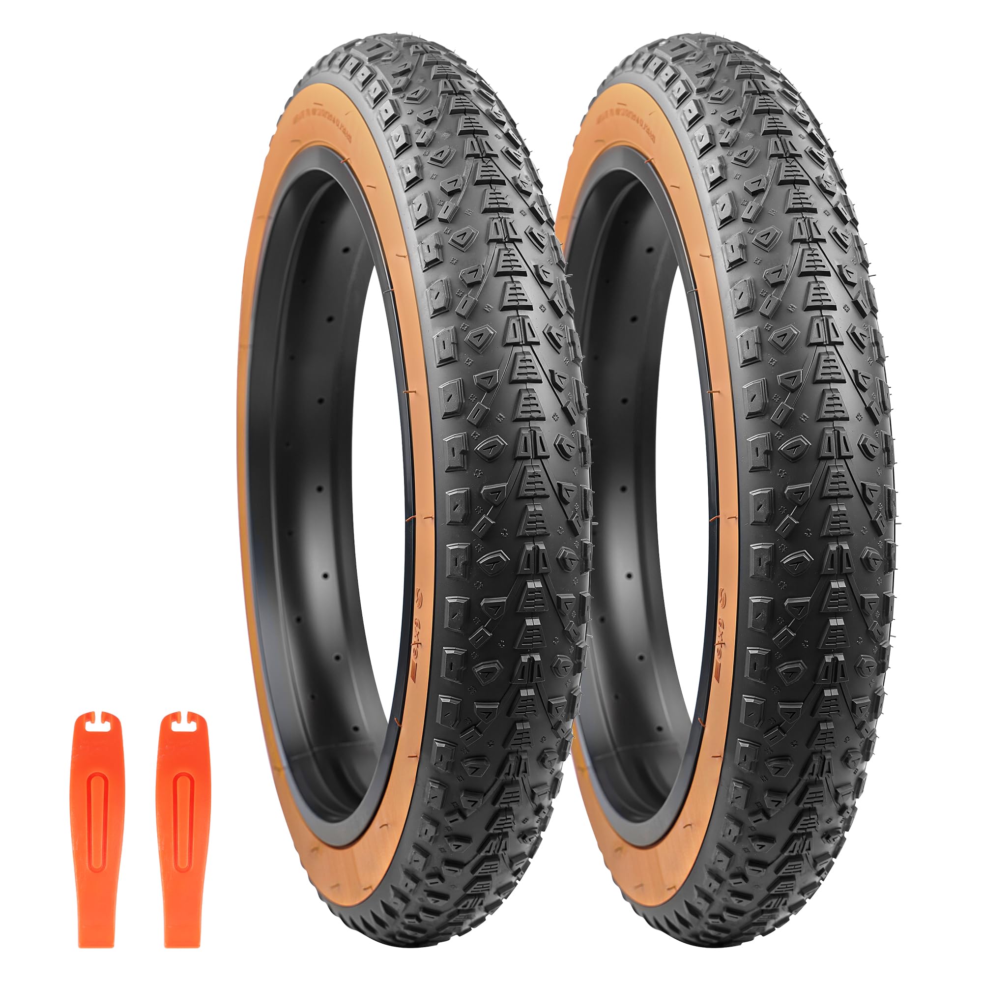 GRELiving 20x3.0 Fat Bike Tyre -76-406 Wide Tires for MTB, Electric-Bicycle, Beach Cruiser- Superior Comfort & Traction (Brown Wall-2xTyres+2xLevers, 20x3.0 Inches)