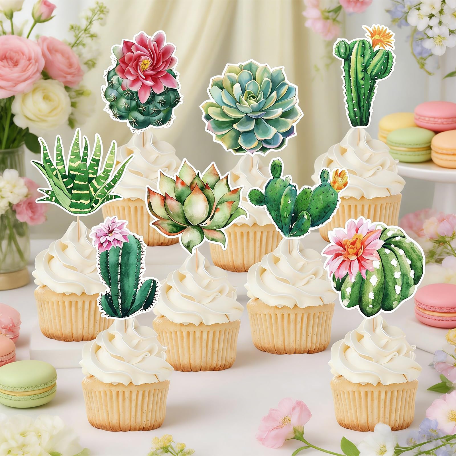 JarThenaAMCS 48Pcs Cactus Cupcake Toppers Succulent Plant Cake Toppers 8 Assorted Designs Cactus Dessert Decorations for Birthday Summer Tropical