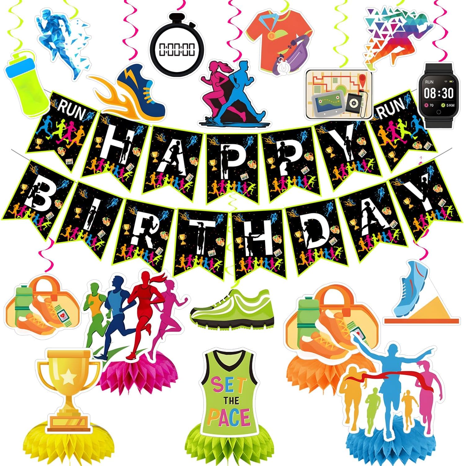 Running Party Decorations Sports Fitness Birthday Party Decor Supplies Includes Happy Birthday Banner Running Hanging Swirls Honeycomb Centerpiece