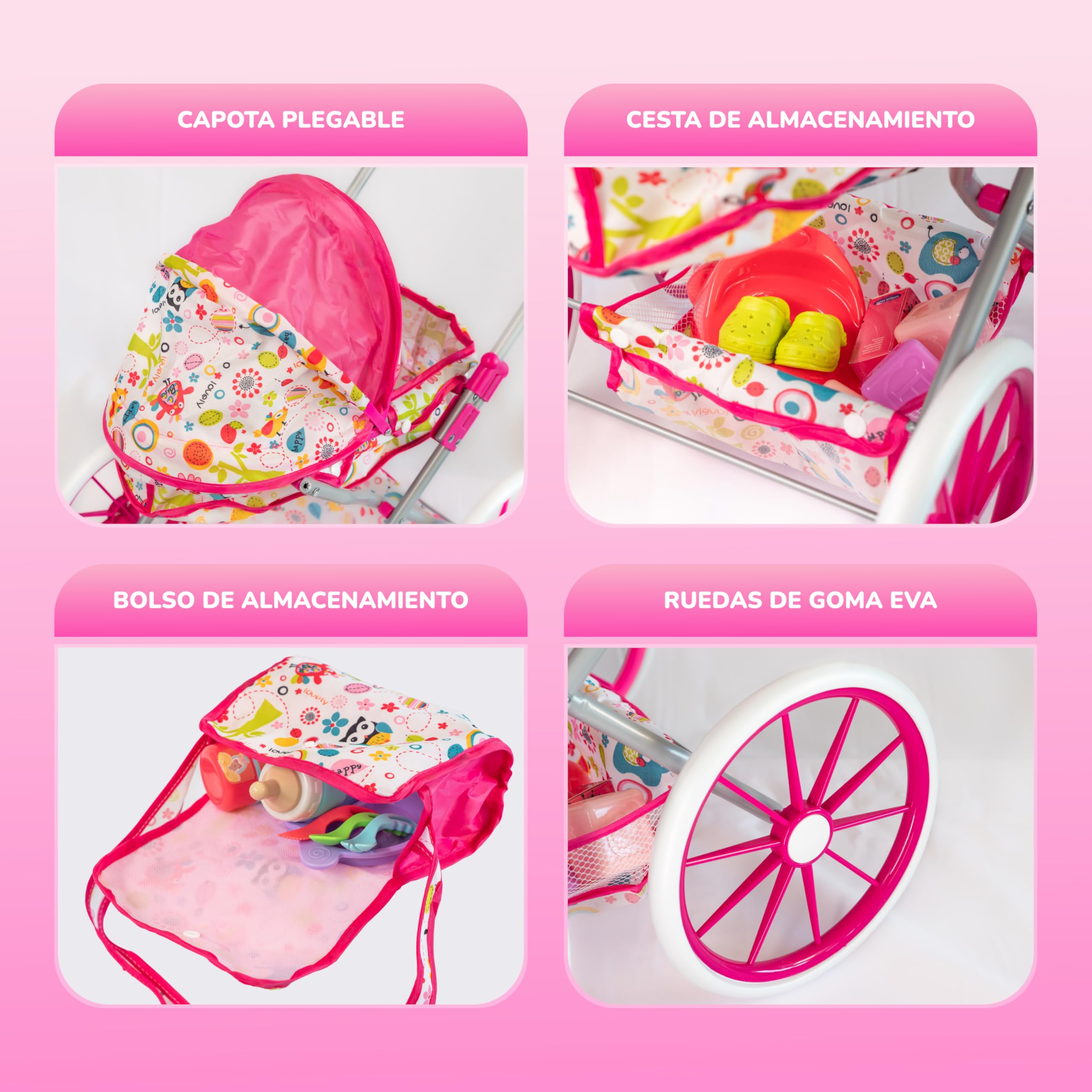 Carrito de Muñecas con Muñeco Bebé y Accesorios 20 Piezas – Cochecito de Juguete Plegable con Capota, Bolsa y Ruedas EVA – Set Completo Muñeca con Orinal, Biberón y Complementos – +3 Años