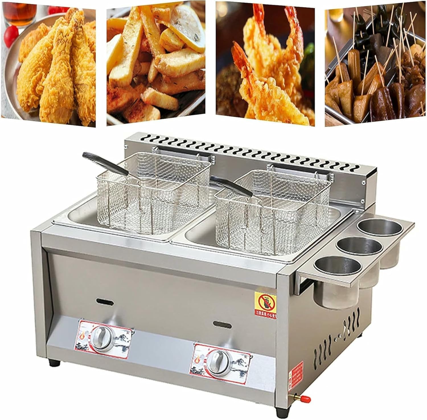 Stainless Steel Fat Fryer, Commercial Household Gas Fryer, Freestanding Temperature Control, Adjustable Firepower, For Chips Donuts Fish, Easy Clean~/