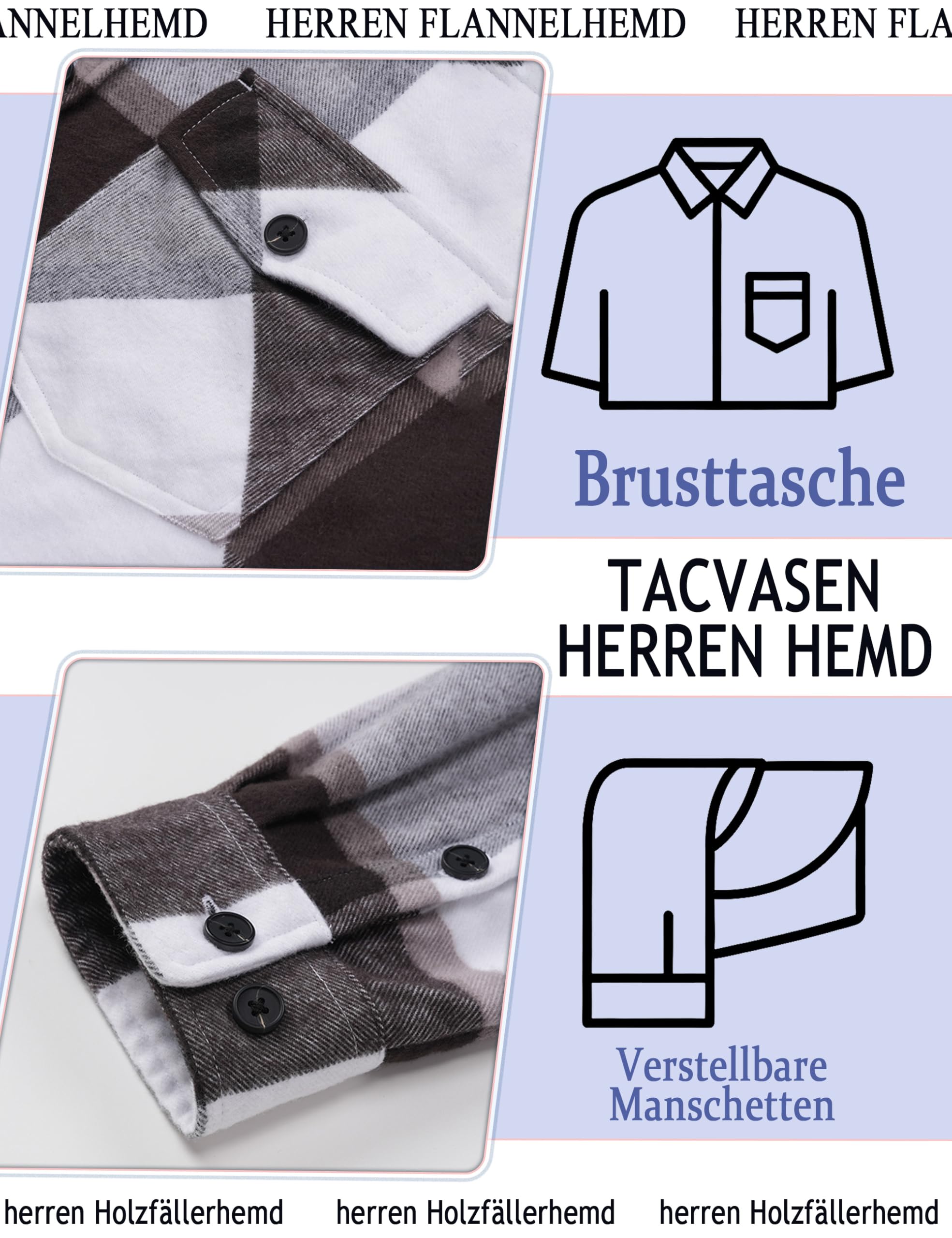 TACVASEN Flanellhemd Herren Hemd Kariert Baumwolle Thermo Holzfällerhemd | Warm Freizeit Hemden mit Brusttasche