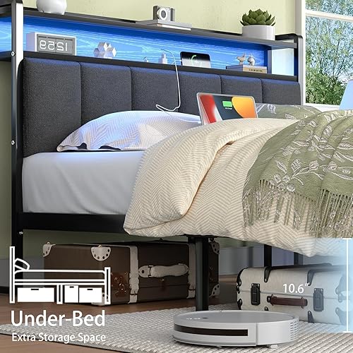 Miniatura 6 de Base de cama Queen con luces LED y estación de carga, plataforma de metal tamaño Queen con cabecera de almacenamiento tapizada, listones de metal