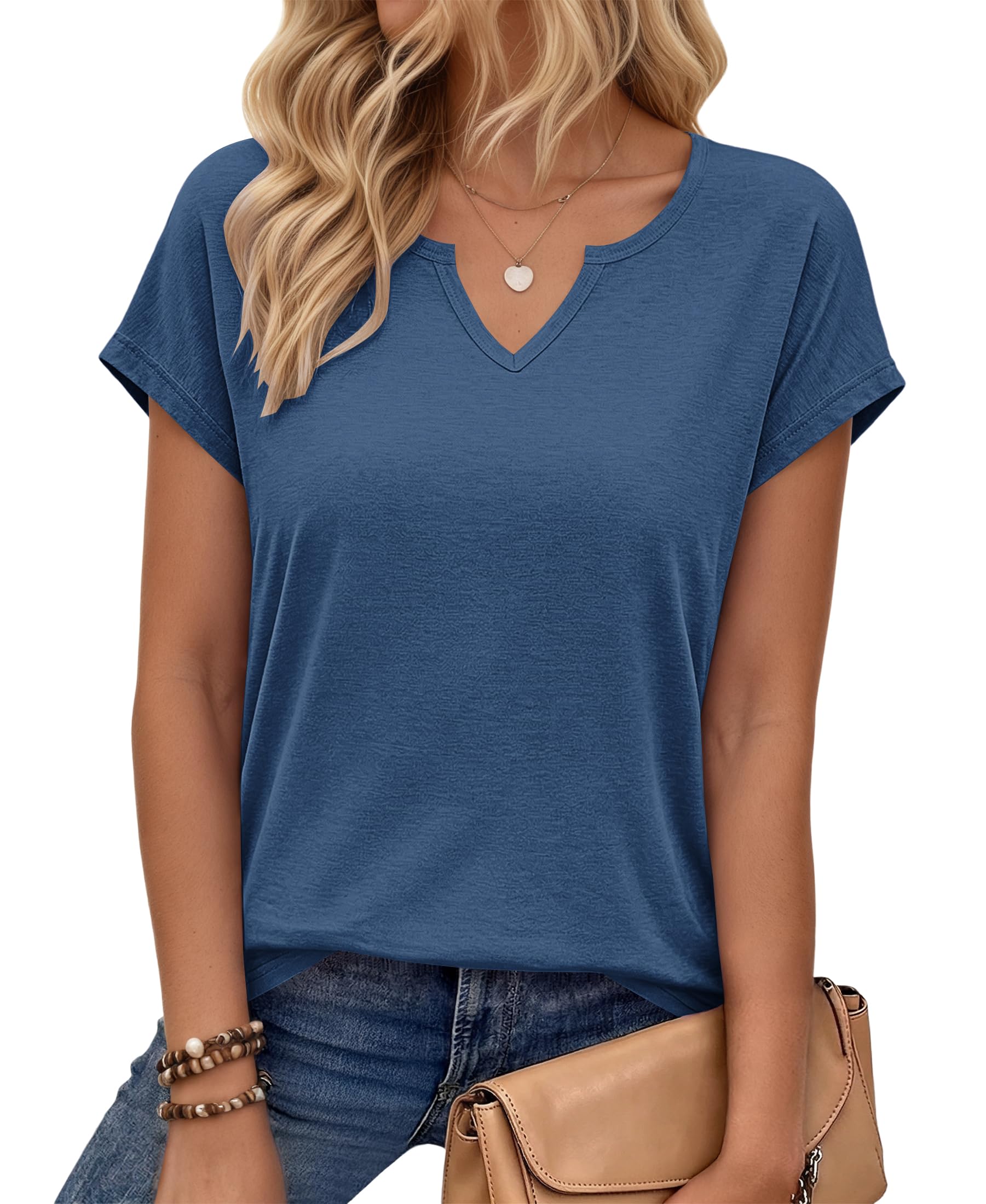 PLOKNRD T-Shirt Damen Sommer V Ausschnitt - Locker Bluse Oberteile Top Damen Leicht und Luftig mit Flügelärmeln