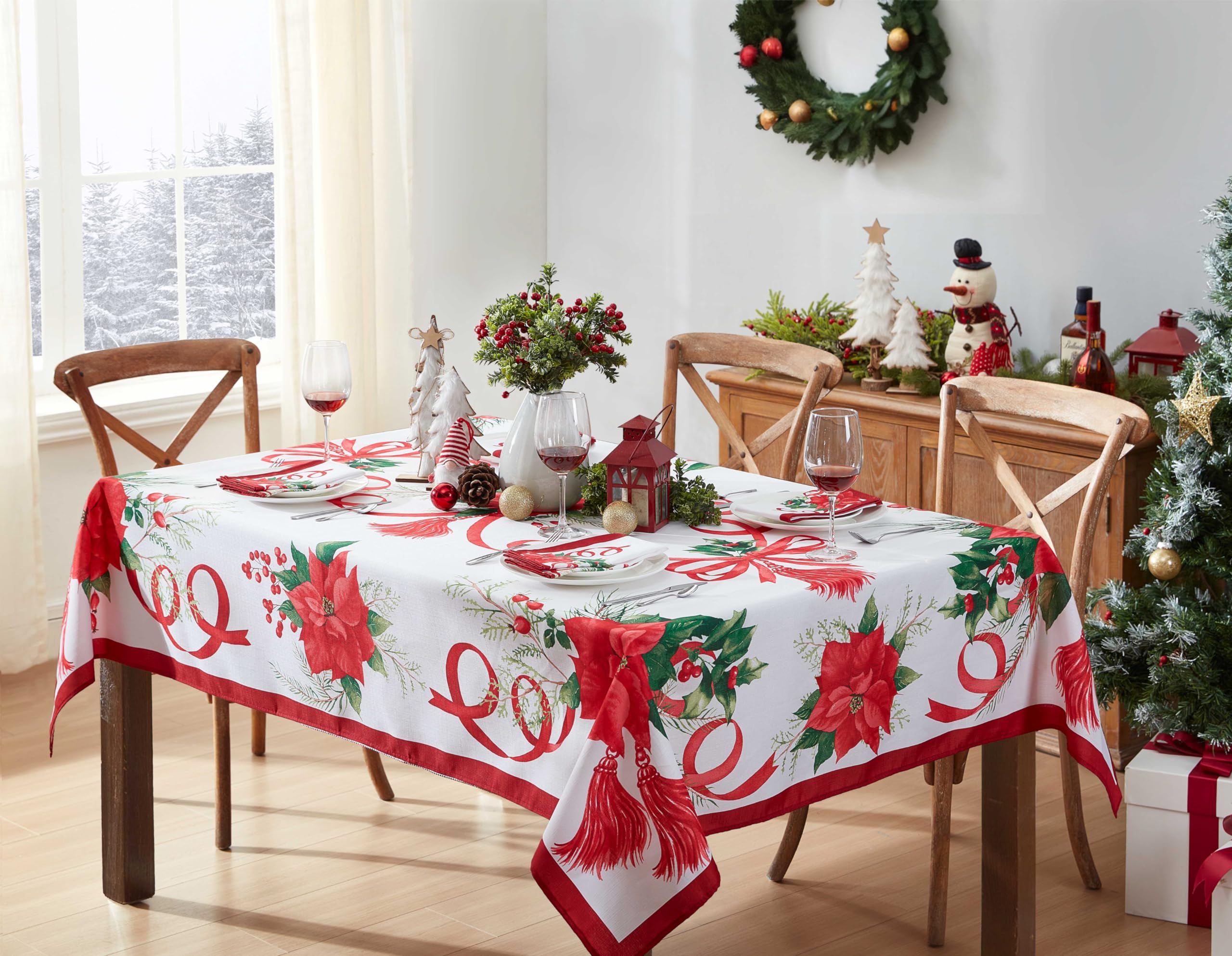 Holiday Tablecloth 60x144 Inch - Red Green Gold Leaf Border, Rectangular Fabric Dining Table Cover For 10-14 People