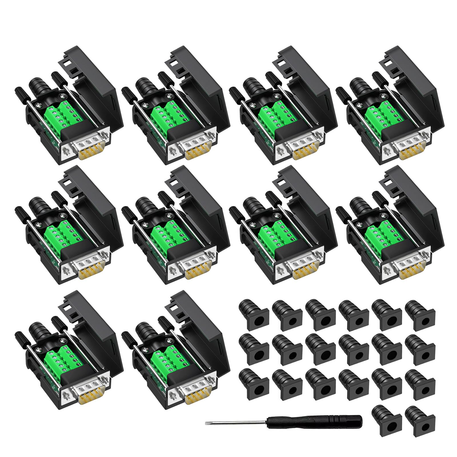 DB9 Conector de conexión a terminal de cableado RS232 D-SUB, adaptadores serie macho, placa de ruptura, módulo sin soldadura con funda (10 adaptadores macho)