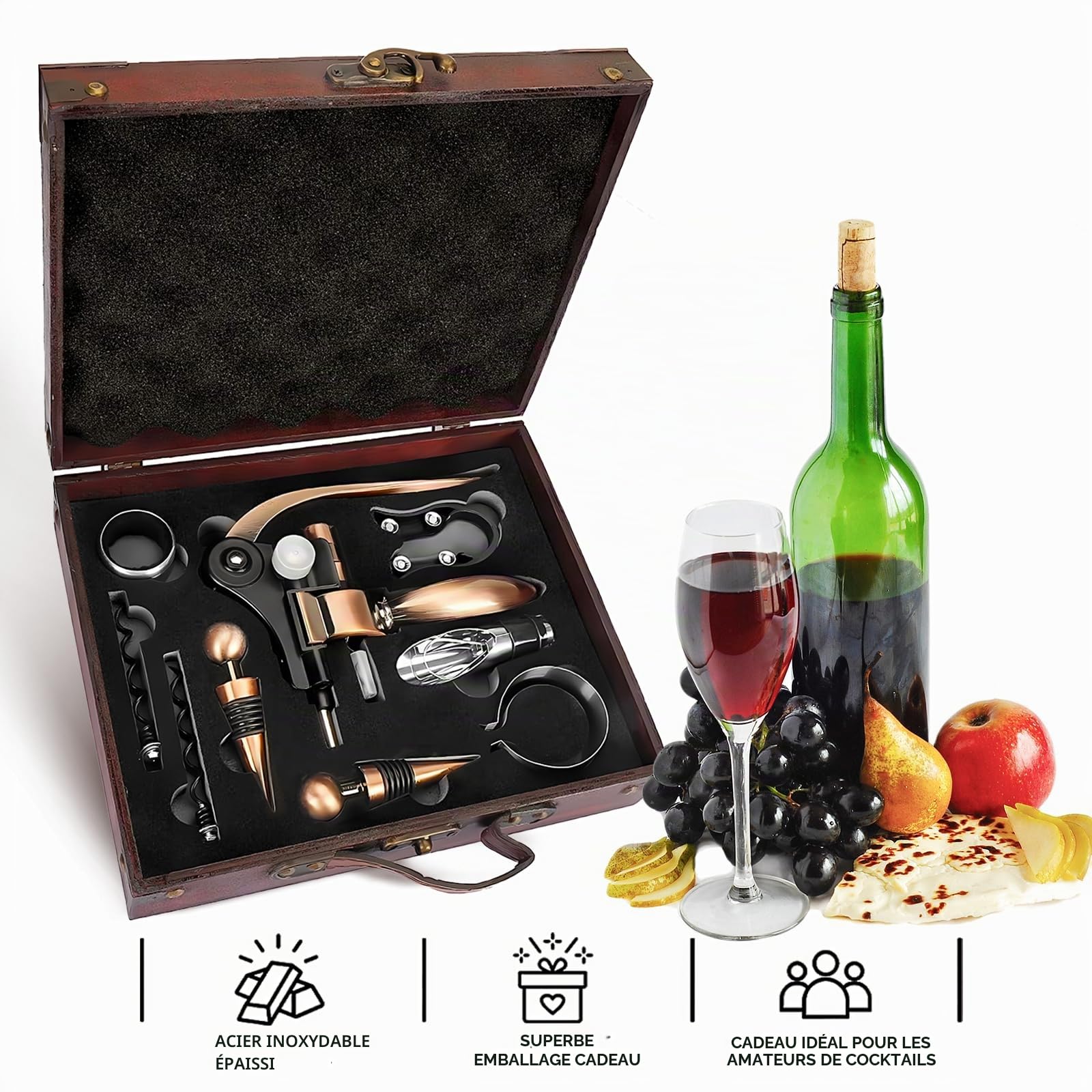 Ensemble ouvre Bouteille de vin dans Une boîte Cadeau en Bois,ouvre Bouteille vin de Luxe,Ensembles d'accessoires pour vin,Set de Sommelier avec Tire-Bouchon (Antike kiste1)