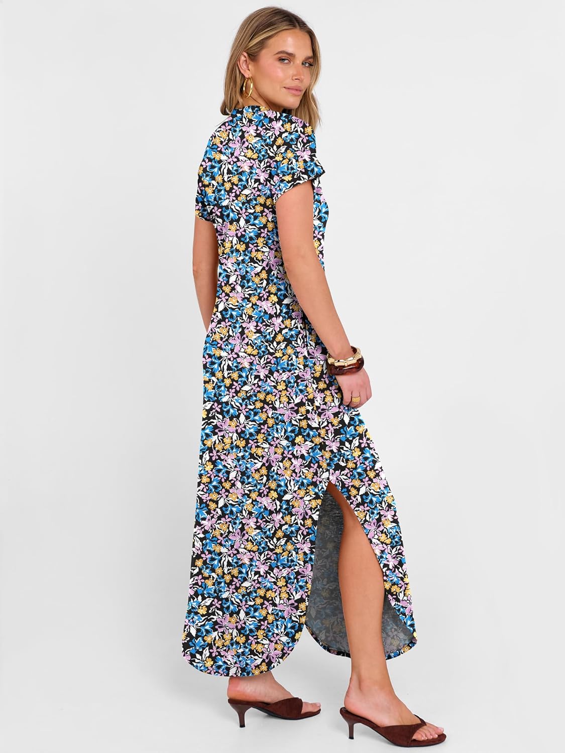 ANRABESS Women Summer Maxi Dress Casual Short Sleeve V Neck Button Up Loose Split Travel Dresses 2026 Beach Vacation Sundress - Image 5